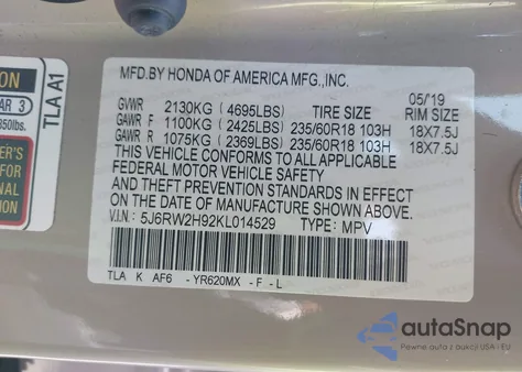 2019 Honda Cr-V Touring z USA, uszkodzony, nr VIN 5J6RW2H92KL014529